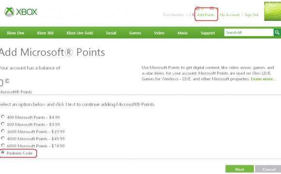 Select “Redeem Code” and click